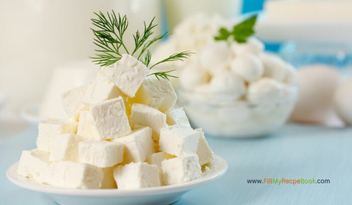 goat feta cheese, plain or spiced with herbs. cut into bitable squares for one bite fresh fruit and cheese skewers as a snack or appetizer in the summer and for parties.