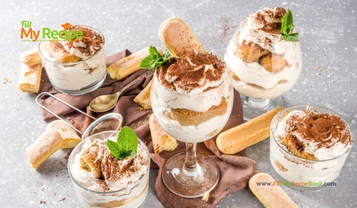 Delicious Tiramisu Trifle in a Glass for individual servings as a dessert. A mini trifle made with finger biscuits, mascarpone cream, and espresso.