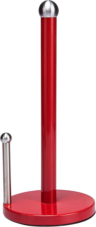 Kitchen Details Countertop Single Tear Paper Towel Holder, Free Standing, Weighted Bottom, Holds Large Rolls, Dispenser Bar Prevents Unraveling, Red.