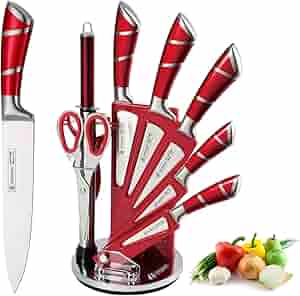 Kitchen Knife Set, 9-Piece Red Kitchen Knife Set with Acrylic Block, Non Stick Sharp High Carbon Stainless Steel Knife Set for Kitchen Cutting Meat Slicing Chopping Kitchen Gifts for Women (Red)