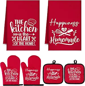 Sratte 6 Pcs Farmhouse Kitchen Towels Pot Holders Oven Mitts Set 2 Dish Towels 2 Potholders 2 Cooking Mittens Oven Glove for Baking Cooking Grilling Supply (Red)