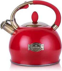 SUSTEAS Stove Top Whistling Tea Kettle - Food Grade Stainless Steel Teakettle Teapot with Cool Touch Ergonomic Handle, With 1 Silicone Pinch Mitt Included, 2.64 Quart(RED)