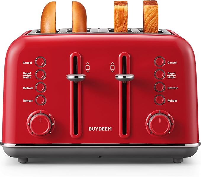 BUYDEEM DT640 4-Slice Toaster, Extra Wide Slots, Retro Stainless Steel with High Lift Lever, Bagel and Muffin Function, Removal Crumb Tray, 7-Shade Settings,Red