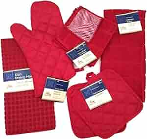 Kitchen Towel Set with 2 Quilted Pot Holders, Oven Mitt, Dish Towel, Dish Drying Mat, 2 Microfiber Scrubbing Dishcloths (Red)