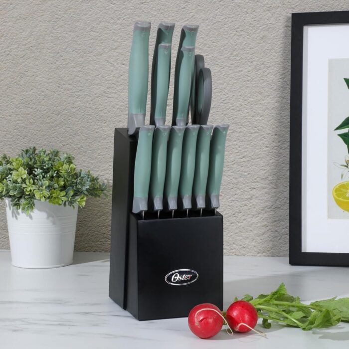 Oster Lindbergh 14 Piece Stainless Steel Kitchen Knife Block Set - Sage Green W/Black Knife Block - Cuchillos Para Cocina.