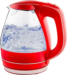 OVENTE Glass Electric Kettle Hot Water Boiler 1.5 Liter Borosilicate Glass Fast Boiling Countertop Heater - BPA Free Auto Shut Off Instant Water Heater Kettle for Coffee & Tea Maker - Red KG83R