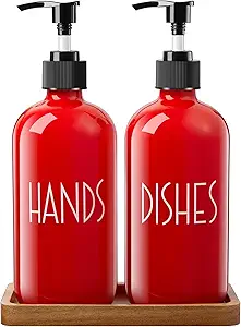 ALELION Dish Soap Dispenser for Kitchen - 16 OZ Glass Soap Dispenser with Pump - Hand Soap Dispenser Set with Acacia Wood Tray - Red Kitchen Bathroom Decor and Accessories