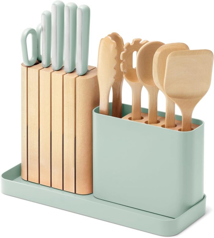 Caraway 14-Piece Kitchen Prep Set - Kitchen Knife Set & Wooden Utensil Set - Made With Premium German Steel Blades & FSC-Certified Birch Wood.