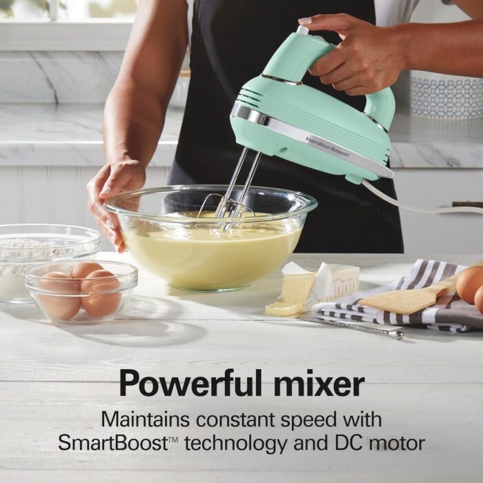 Hamilton Beach Vintage-Style 5-Speed Electric Hand Mixer, Powerful 1.3 Amp DC Motor for Effortless Mixing & Consistent Speed in Thick Ingredients, Slow Start, Beaters and Whisk, Green (62601N).