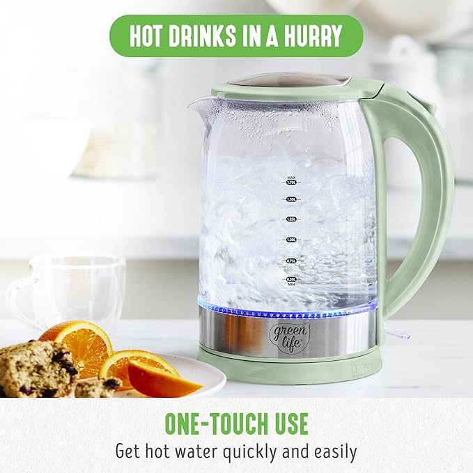 GreenLife 1.7 Liter Glass Electric Kettle, Easy One Touch Use, Quick Heating, Filtered Spout, LED Base, Auto Shut-Off, Cordless Serving, Coffee and Tea, Sage Green.