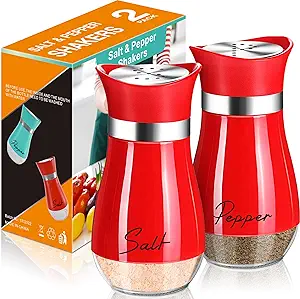 Salt and Pepper Shakers Set,4 oz Glass Bottom Salt Pepper Shaker with Stainless Steel Lid for Kitchen Cooking Table, RV, Camp,BBQ Refillable Design Christmas Kitchen Decor Gifts(Red)