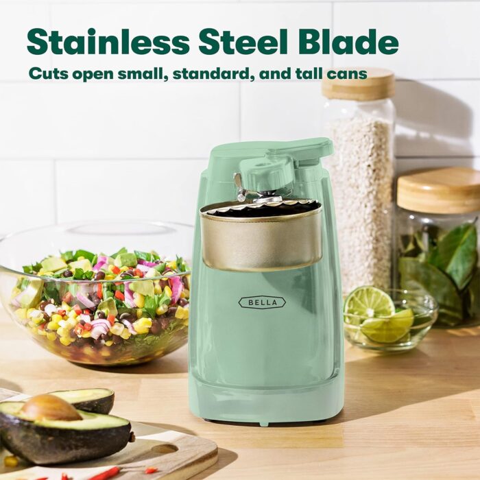 BELLA Electric Can Opener and Knife Sharpener, Multifunctional Jar and Bottle Opener with Removable Cutting Lever and Cord Storage, Stainless Steel Blade, Sage.