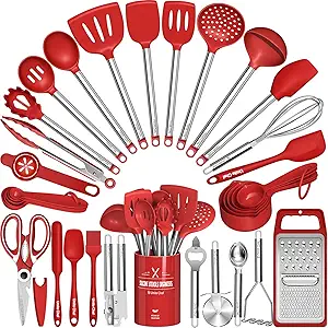 Kitchen Utensils Set- Umite Chef 34 PCs Cooking Utensils with Grater, Spoon Spatula, Heat Resistant Food Grade Silicone, Stainless Steel Handles Kitchen Gadgets Tools Set for Nonstick Cookware(Red)