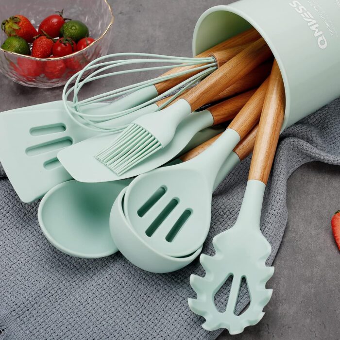 QMVESS Silicone Kitchen Utensils Set, 35 Pcs Non-Stick Cooking Utensils Set, Sturdy Insulation Wooden Handle Kitchen Accessories for Cooking with Spatula.