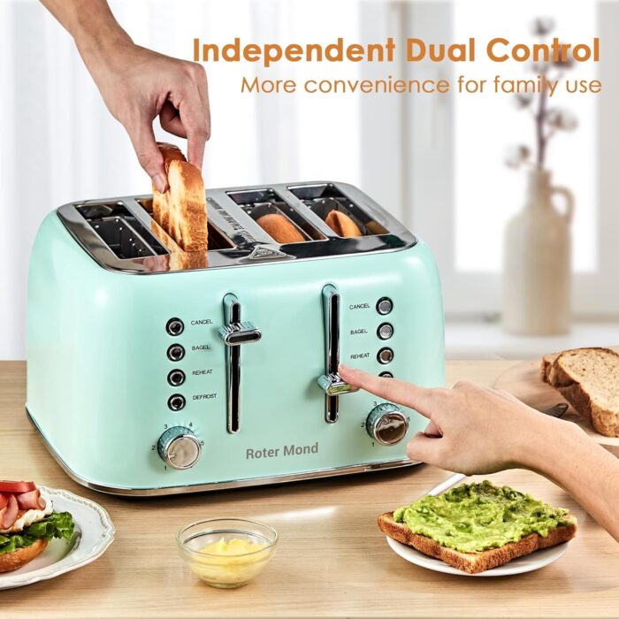 Toaster 4 Slice Retro Stainless Steel with Extra Wide Slots Bagel, Defrost, Reheat Function, Dual Independent Control Panel, Removable Crumb Tray, 6 Browning Levels, Aqua Green.