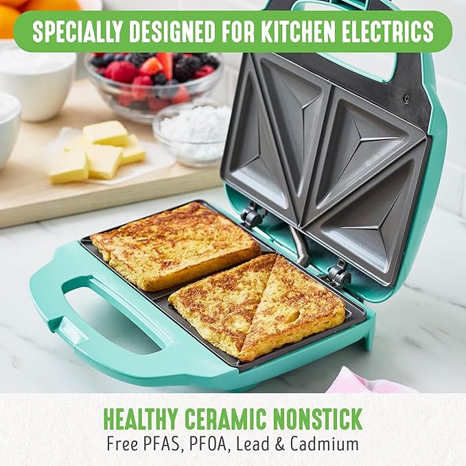 GreenLife Pro Electric Panini Press Grill and Sandwich Maker, Healthy Ceramic Nonstick Plates, Easy Indicator Light, PFAS-Free, Turquoise.