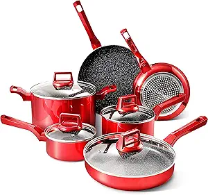 10 Pcs Pots and Pans Sets, Nonstick Cookware Set, Chemical-Free Kitchen Cooking, Stone-Derived Coating, Stock Pot, Frying Pan, Compatible with All Stovetops, Red