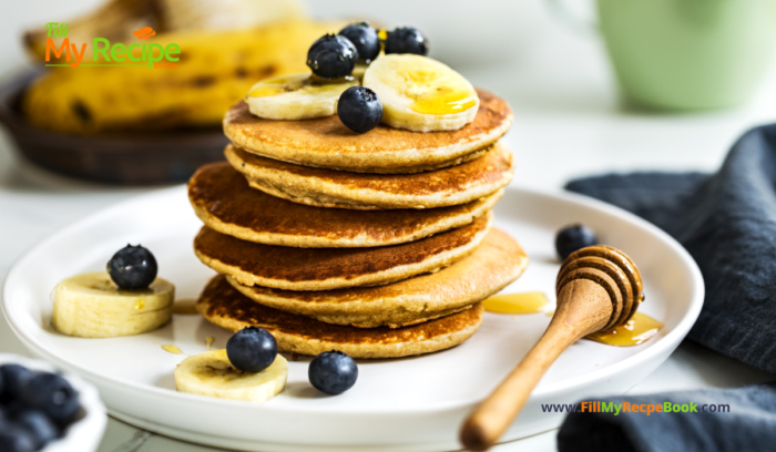 Easy Banana Oat Pancake Recipe to make with ripe bananas and oats. Quick healthy mix with egg, vanilla and cinnamon for a breakfast meal.