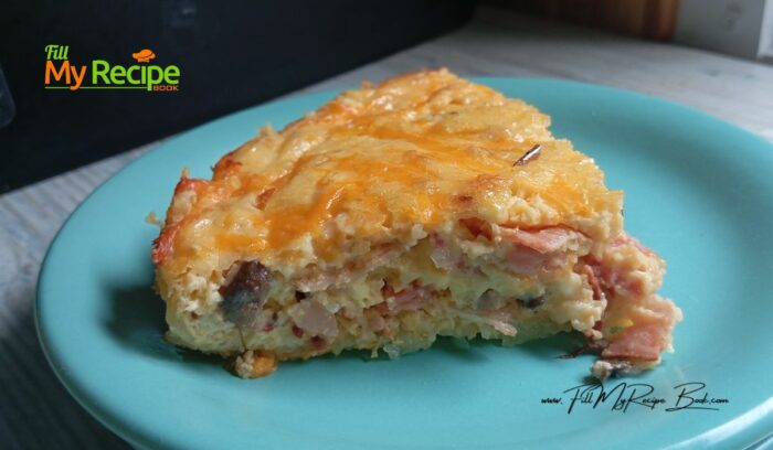 Hash Brown Bacon Mushroom Quiche and onion recipe for breakfast or brunch. An easy recipe to make with a potato crust, rather than pastry.