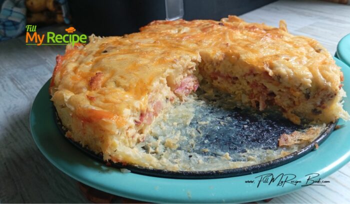 Hash Brown Bacon Mushroom Quiche and onion recipe for breakfast or brunch. An easy recipe to make with a potato crust, rather than pastry.