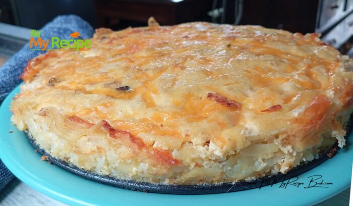 Hash Brown Bacon Mushroom Quiche and onion recipe for breakfast or brunch. An easy recipe to make with a potato crust, rather than pastry.