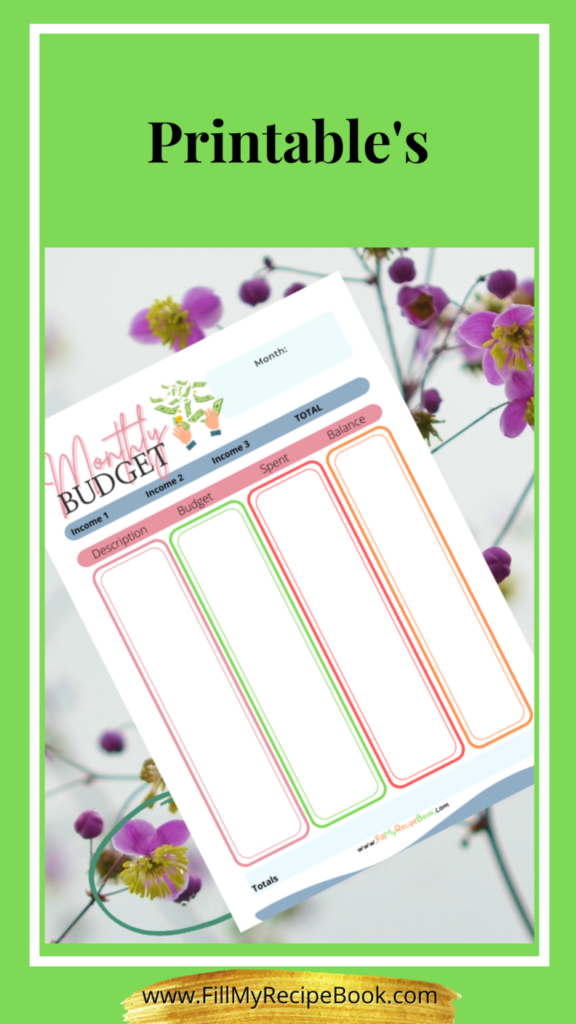 Printables of charts for kitchen use and planners for budgets, meals and shopping as well as holidays, includes coloring pages for relaxing