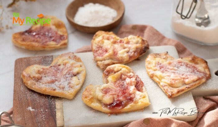 Simple Puff Pastry Cream Cheese Hearts recipe. With strawberry jam shaped into hearts for Valentines for a delicious snack or treat for tea.