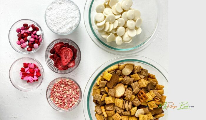 ingredients for this mix, you can change the white chocolate to brown chocolate. and flavors of dried fruit. with the chex mix.