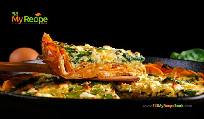 Sweet Potato Spinach Feta Quiche recipe idea. A healthy low carb crust of sweet potato with tasty spinach and feta goats cheese filling.