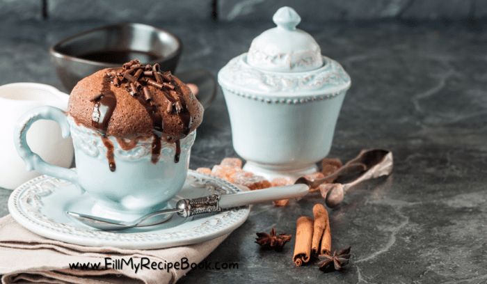 A 2 Minute Chocolate Mug Cake recipe. Tasty and easy, filled with nut chocolate and chocolate chips microwaved and enjoyed as a dessert.