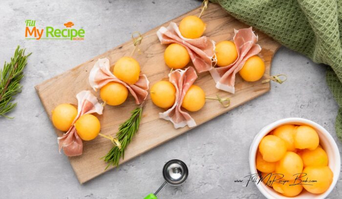 A 2 ingredient Simple Cantaloupe Prosciutto Bites recipe. You'll love the sweet flavor of cantaloupe and salty taste of prosciutto appetizer.