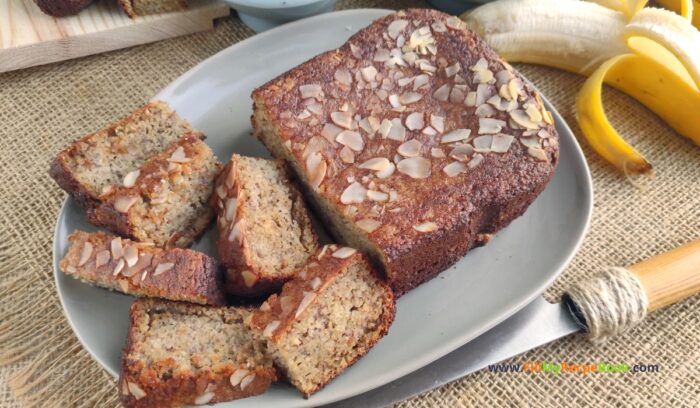 Healthy Almond Flour Banana Bread recipe idea. A great oven bake with natural sweeteners and coconut oil for gluten free diets.