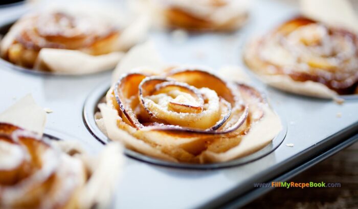 Mini Apple Rose Tarts recipe. A simple but delicious sweet apple oven baked apple pie or tart for a dessert garnished with castor sugar.