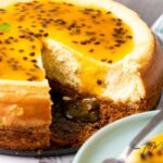 A delicious Baked Passion Fruit Cheesecake recipe for a dessert. A biscuit base with cream cheese and passion fruit, topped to perfection.