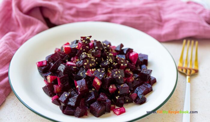 Beetroot Salad with Honey Mustard Dressing recipe idea. Healthy roasted beet sides for main meals with honey, dijon, cider dressing.