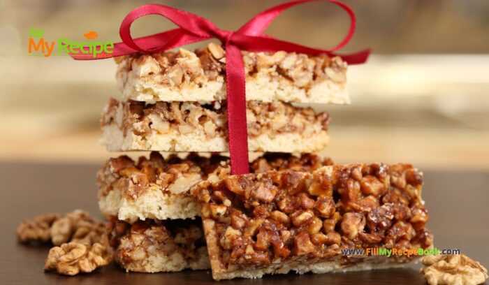 A Caramalized Walnut shortbread Bars recipe idea. Healthy and easy recipe bars for snacks or treats with nuts for a dessert.