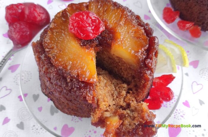 An Easy Caramelized Pineapple Upside Down Mini Cake recipe. Oven Baked for a fine dining dessert from scratch topped with cherries.