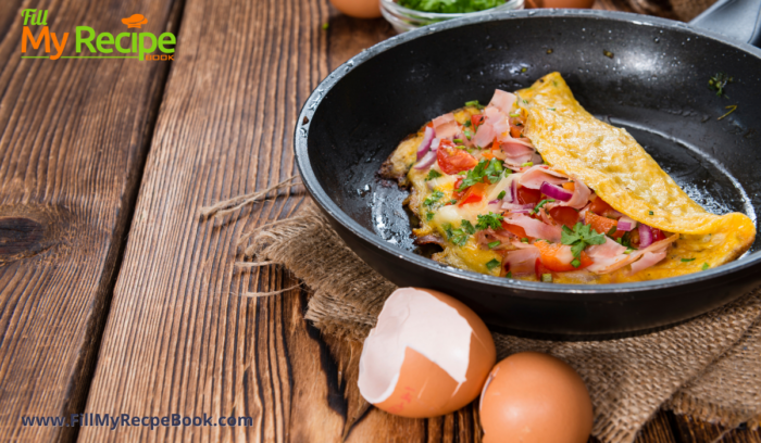 Cheese and Bacon Omelet recipe idea. Easy egg breakfast or brunch meal filled with cheese bacon or ham and bell peppers, onions.