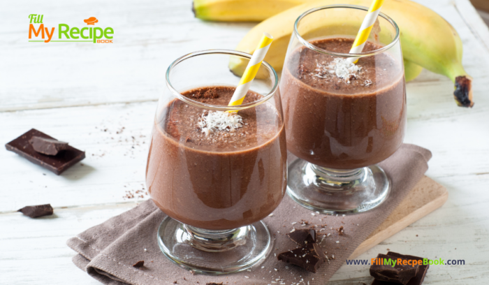 Easy Chocolate Banana Breakfast Smoothie recipe. A healthy shake with raspberries and Greek yogurt, add protein powder or cocoa for taste.