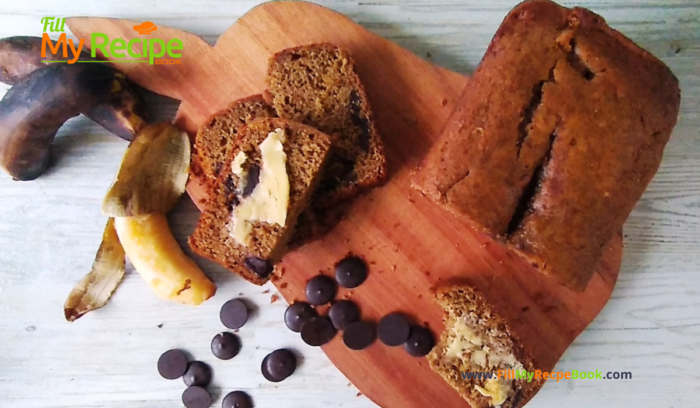 Easy Chocolate Chip Banana Bread recipe. Healthy banana bread that is easy and kids love the surprise of chocolate chips in the slices.