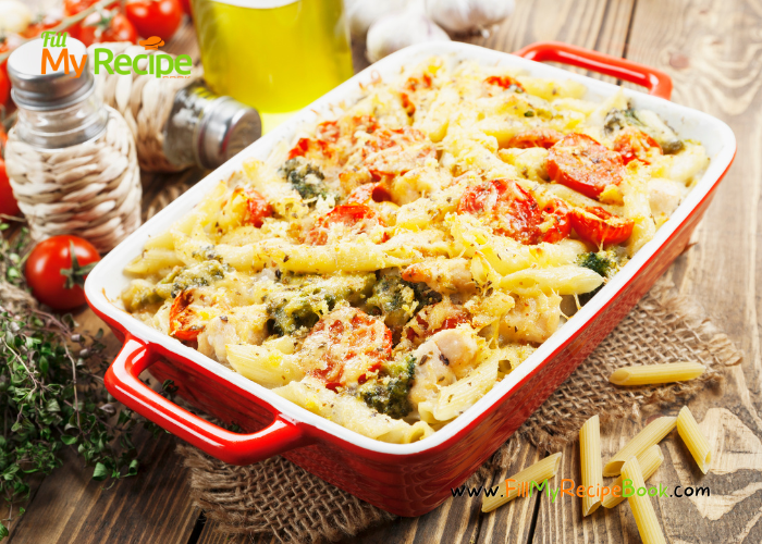 Creamy Chicken Broccoli Pasta Casserole recipe with sauté mushroom and bacon. Easy baked dish with cheddar cheese and herbs and spices.