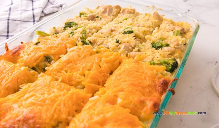 Easy Creamy Chicken Broccoli Rice Casserole recipe idea. Food that is an easy oven bake food for family meal, topped with cheese and herbs.