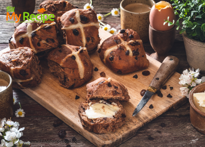 Double Chocolate Hot Cross Bun recipe idea. Easter buns to serve for Good Friday for tea, the next day, easy breakfast toasted with butter.