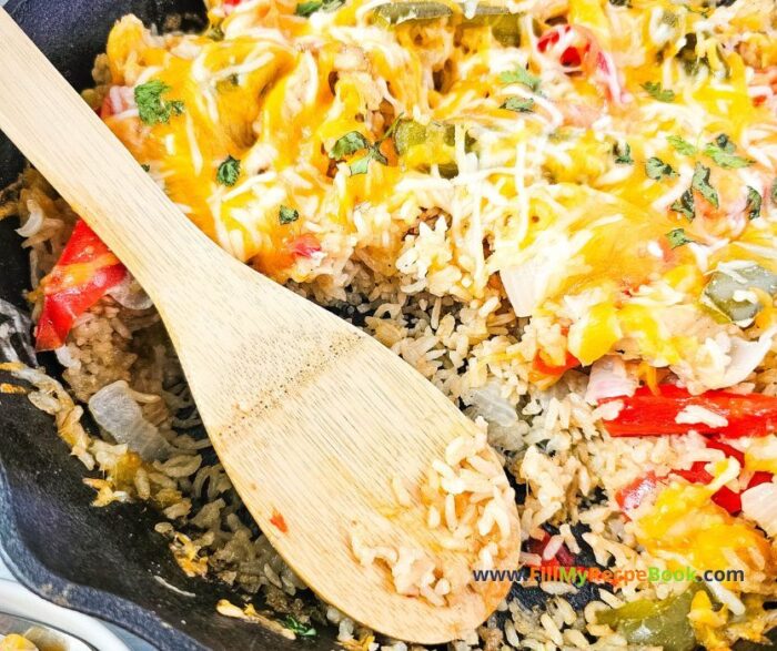 Easy Chicken Fajita Casserole Recipe in an iron skillet pan. The best go to dinner or lunch idea to cook on stove top then bake in the oven.