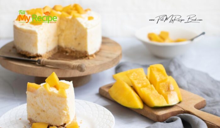 Slice and serve. A chilled no bake easy mango cheesecake dessert recipe idea for tea any time. So simple and yet no gelatin was used. 