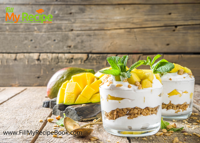 Tasty Mango Parfait Recipe to be made for a breakfast or a special dessert. Greek Yogurt creamed layered with Muesli mix and cut ripe mangoes.