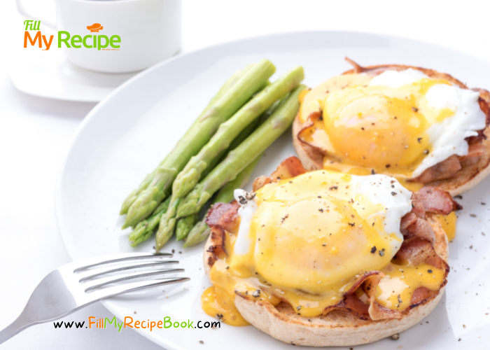 Eggs Benedict Breakfast Recipe idea, with asparagus or fried cherry tomato. Topped with hollandaise sauce, bacon on a English muffin.