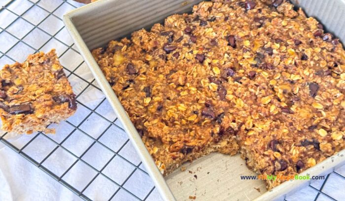 Healthy Banana Oat Bars Recipe to create for snack or treats. Sugar free with almond butter and chocolate chips, granola for breakfast snack.