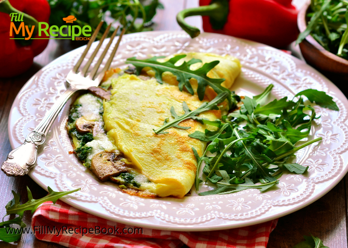 Healthy Mushroom and Spinach Omelet recipe. A breakfast meal made with healthy ingredients such as spinach and mushrooms and cheese.