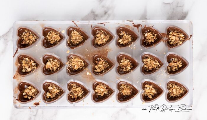 Add the roasted hazelnuts to the mold. Spoon the Nutella mixture into the mold, leaving room for more chocolate.